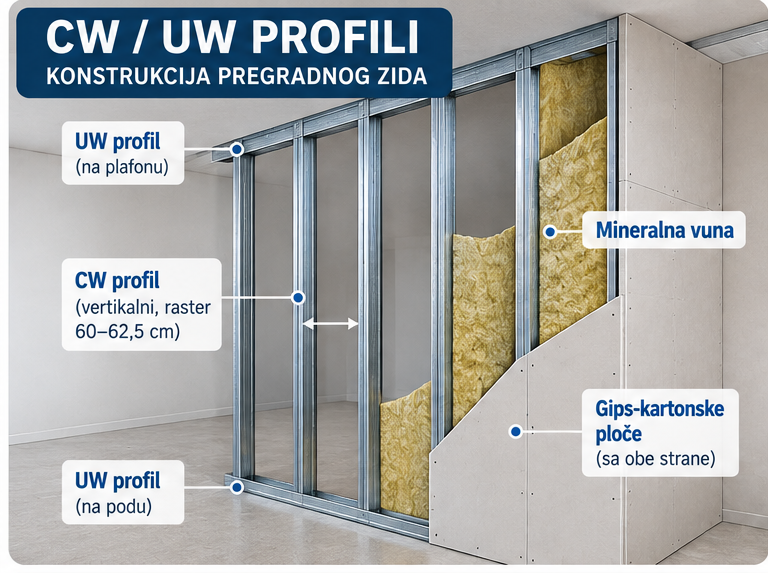 CW i UW metalna konstrukcija pregradnog zida sa gips-kartonskim pločama