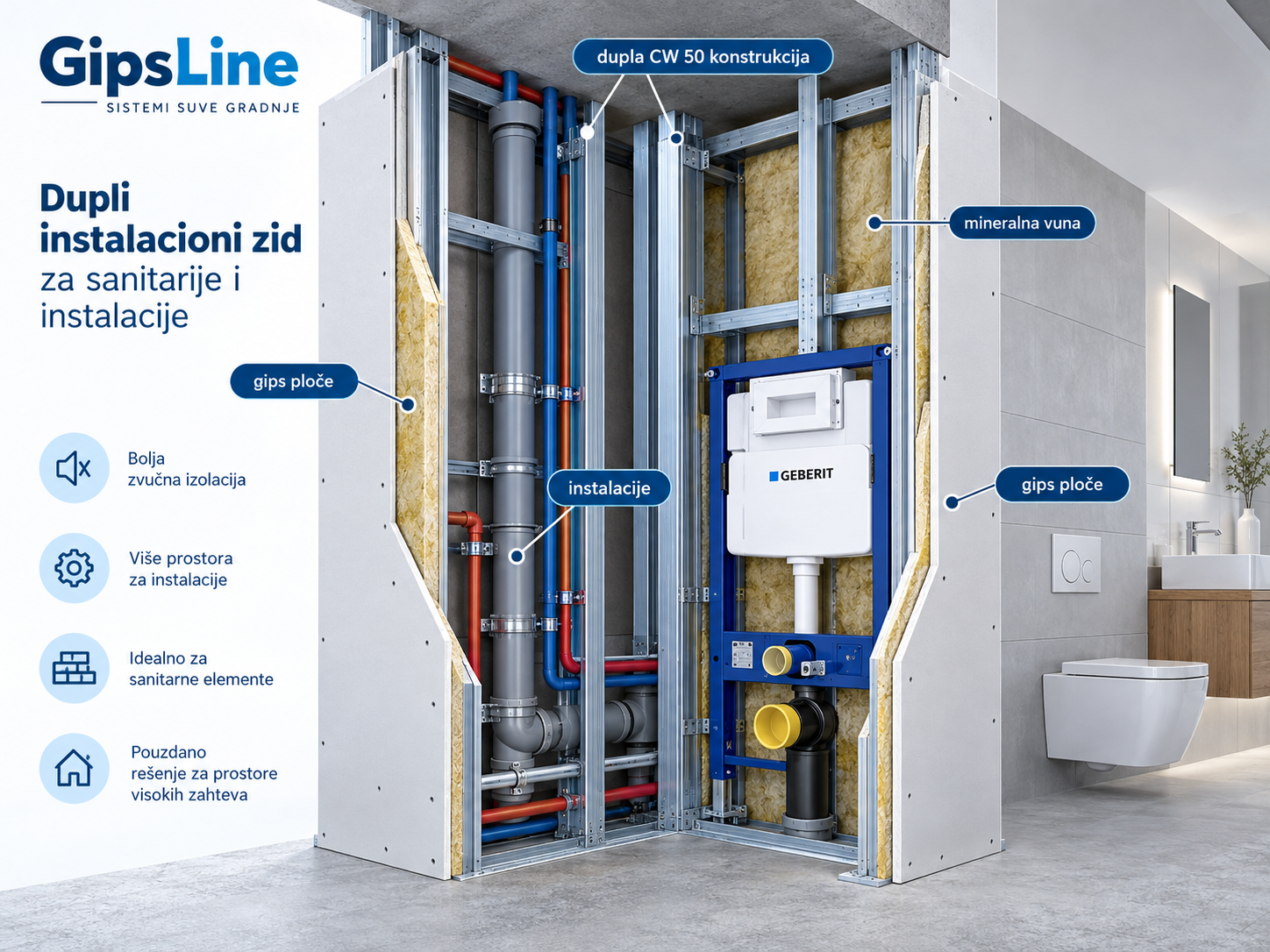 Dupli instalacioni zid sa CW 50 profilima, mineralnom vunom, cevima i ugradnim vodokotlićem