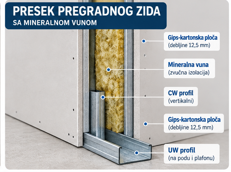Presek pregradnog zida sa CW i UW profilima, gips-kartonskim pločama i mineralnom vunom