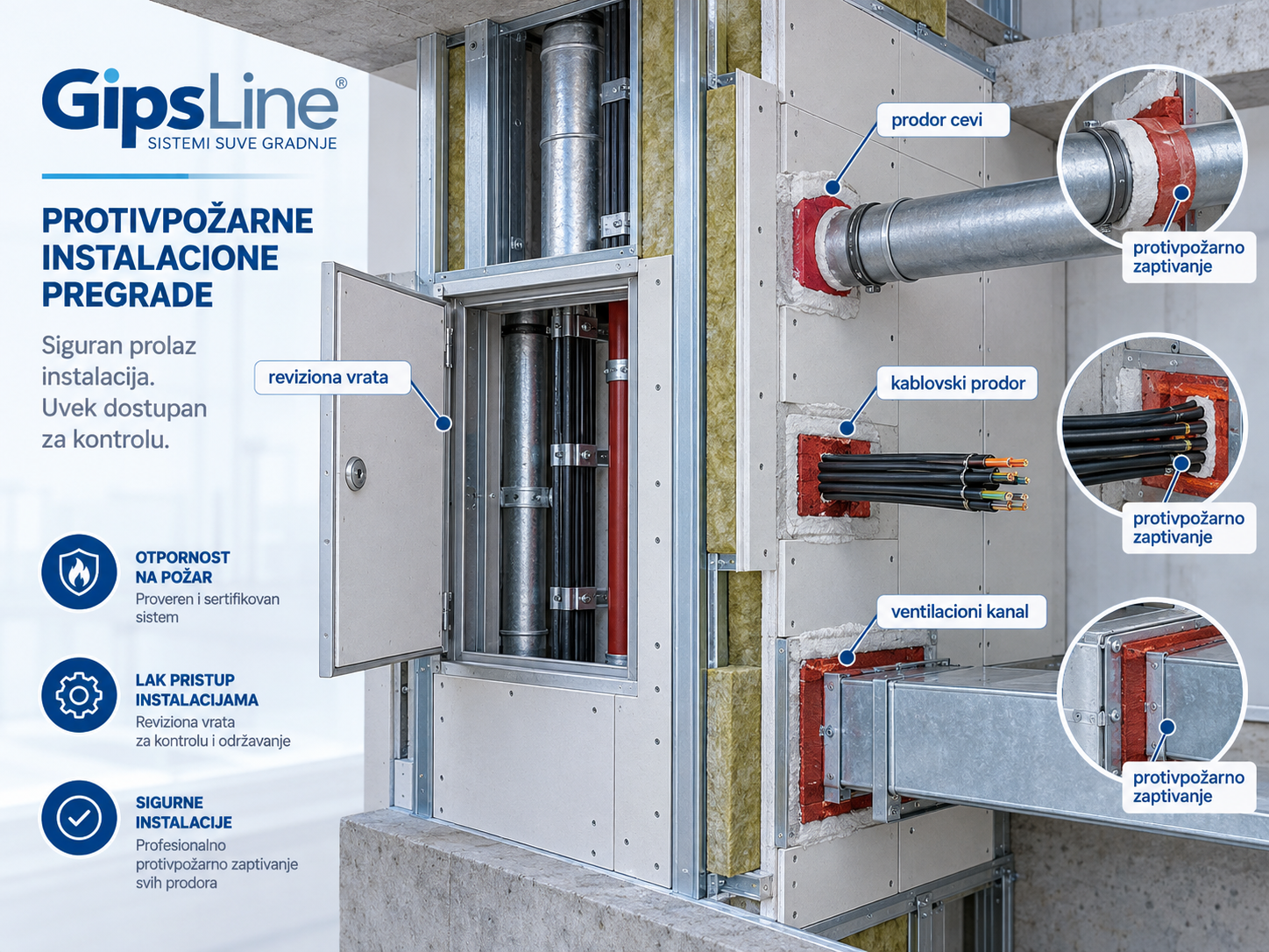 Protivpožarna instalaciona pregrada sa revizionim vratima i zaptivenim prodorima cevi, kablova i ventilacionog kanala