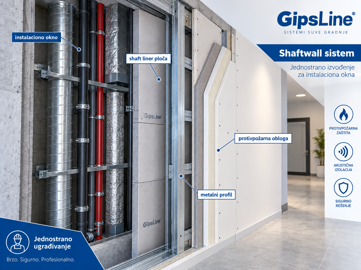 Shaftwall sistem za instalaciona okna sa shaft liner pločom, metalnim profilima i protivpožarnom oblogom