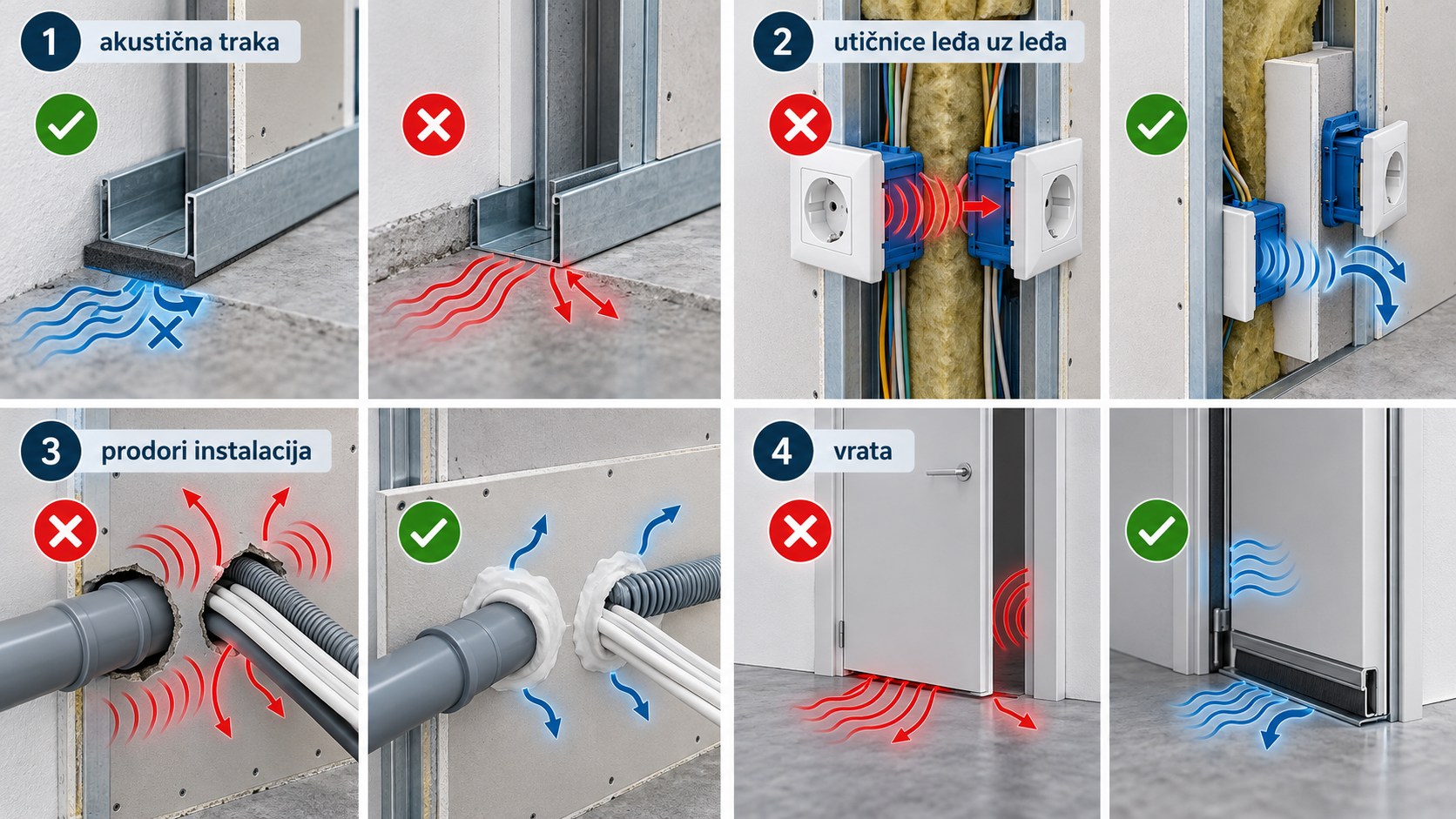 Detalji zvučne izolacije pregradnog zida – akustička traka, utičnice, prodori instalacija i vrata